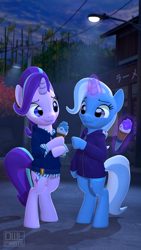 Size: 1080x1920 | Tagged: safe, artist:owlpirate, starlight glimmer, trixie, g4, 3d, bipedal, clothes, duo, female, food, ice cream, jacket, lesbian, magic, night, ship:startrix, shipping, smiling, source filmmaker
