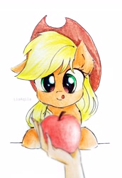 Size: 2322x3371 | Tagged: safe, artist:liaaqila, applejack, earth pony, human, pony, g4, apple, applejack's hat, cowboy hat, cute, female, food, hat, high res, jackabetes, mare, offscreen character, simple background, solo focus, tongue out, traditional art, white background