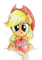 Size: 720x1018 | Tagged: safe, artist:liaaqila, edit, applejack, earth pony, human, pony, g4, apple, cute, female, food, hand, hat, jackabetes, offscreen character, pure unfiltered evil, solo, tongue out, traditional art