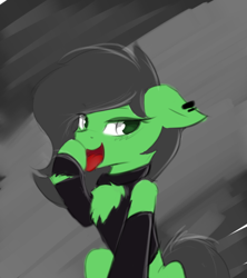 Size: 640x720 | Tagged: safe, artist:d.w.h.cn, oc, oc only, oc:filly anon, pony, blushing, chest fluff, ear piercing, female, filly, floppy ears, piercing, solo, tongue out