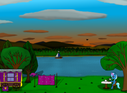 Size: 400x292 | Tagged: safe, artist:pk-condor, trixie, g4, cape, clothes, hat, lake, scenery, ship, sunset, tree, trixie's cape, trixie's hat, trixie's wagon