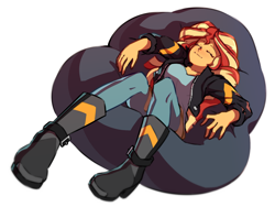 Size: 2000x1500 | Tagged: safe, artist:rockset, sunset shimmer, equestria girls, g4, beanbag, beanbag chair, clothes, comfy, cute, eyes closed, female, jacket, pants, shimmerbetes, simple background, sitting, sleeping, solo, white background