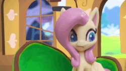Size: 800x450 | Tagged: safe, screencap, applejack, fluttershy, earth pony, pegasus, pony, fluttershy's hiccups, g4.5, my little pony: stop motion short, animated, applejack's hat, chair, cowboy hat, creepy, creepy smile, female, fluttershy's cottage, gif, gritted teeth, hat, scared, smiling, stop motion, worried