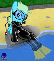 Size: 3840x4354 | Tagged: safe, artist:damlanil, oc, oc only, oc:sea glow, pegasus, pony, air tank, beach, bush, clothes, commission, cute, dive mask, flippers (gear), goggles, latex, latex suit, male, nose plug, rebreather, rock, scuba gear, shiny, show accurate, solo, stallion, swim mask, swimming, underwater, water, weight belt, wetsuit, wings