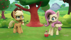 Size: 800x450 | Tagged: safe, screencap, applejack, fluttershy, butterfly, earth pony, pegasus, pony, fluttershy's hiccups, g4.5, my little pony: stop motion short, animated, apple, apple tree, applejack's hat, cowboy hat, female, food, gif, growth spell, hat, hiccup, laughing, magic, outdoors, potion, stop motion, tree