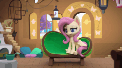 Size: 800x450 | Tagged: safe, screencap, fluttershy, butterfly, pegasus, pony, fluttershy's hiccups, g4.5, my little pony: stop motion short, animated, bird feeder, blinking, cage, chair, cute, eyes closed, female, fluttershy's cottage (interior), gif, happy, hiccup, looking at something, pillow, sad, solo, stop motion, window