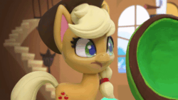 Size: 800x450 | Tagged: safe, screencap, applejack, earth pony, pony, fluttershy's hiccups, g4.5, my little pony: stop motion short, animated, applejack's hat, cowboy hat, female, fluttershy's cottage (interior), gif, hat, hoof on chin, smiling, solo, stairs, stop motion, thinking, window