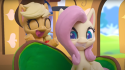 Size: 1680x938 | Tagged: safe, screencap, applejack, fluttershy, earth pony, pegasus, pony, fluttershy's hiccups, g4, g4.5, my little pony: stop motion short, fluttershy's cottage (interior), stop motion