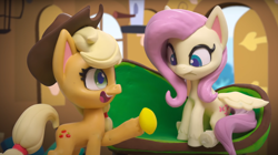 Size: 1672x934 | Tagged: safe, screencap, applejack, fluttershy, earth pony, pegasus, pony, fluttershy's hiccups, g4.5, my little pony: stop motion short, fluttershy's cottage (interior), food, fruit heresy, lemon, stop motion