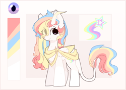 Size: 1676x1192 | Tagged: safe, artist:php146, oc, oc:rainbow dreams, pegasus, pony, color palette, colored horn, cutie mark, ear fluff, eye clipping through hair, female, hair over one eye, horn, leonine tail, reference sheet, ribbon, two toned wings, wings