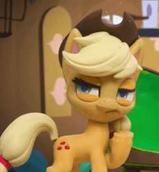 Size: 415x450 | Tagged: safe, screencap, applejack, earth pony, pony, fluttershy's hiccups, g4.5, my little pony: stop motion short, animated, applejack's hat, cowboy hat, cropped, female, fluttershy's cottage (interior), gif, hat, mischevious, narrowed eyes, plotting, smiling, sneaky, solo, stop motion, thinking