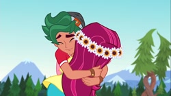 Size: 1100x618 | Tagged: safe, screencap, gloriosa daisy, timber spruce, equestria girls, g4, my little pony equestria girls: legend of everfree, eyes closed, female, hug, male, smiling