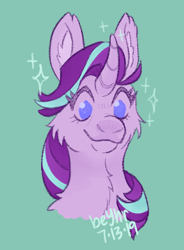 Size: 264x359 | Tagged: safe, artist:beyhr, starlight glimmer, pony, unicorn, g4, bust, cheek fluff, curved horn, cute, ear fluff, female, glimmerbetes, green background, horn, mare, neck fluff, simple background, smiling, solo, sparkles