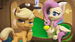 Size: 800x450 | Tagged: safe, screencap, applejack, fluttershy, earth pony, pegasus, pony, fluttershy's hiccups, g4.5, my little pony: stop motion short, animated, applejack's hat, bird feeder, boo, cage, chair, cowboy hat, creepy, creepy smile, female, fluttershy's cottage (interior), food, fruit, gritted teeth, hat, hiding, jump scare, lemon, looking around, plotting, scare, scared, smiling, sneaky, stairs, window, wings