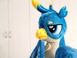Size: 1024x768 | Tagged: safe, artist:nekokevin, gallus, griffon, g4, close-up, irl, male, photo, plushie, smiling, solo, teenager