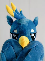 Size: 768x1024 | Tagged: safe, artist:nekokevin, gallus, griffon, g4, close-up, cute, gallabetes, irl, looking at you, male, photo, plushie, smiling, solo, teenager, wings