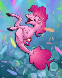 Size: 1080x1350 | Tagged: safe, artist:onyxshaye, pinkie pie, seapony (g4), g4, bubble, celebration, confetti, eyes closed, female, fish tail, open mouth, seaponified, seapony pinkie pie, solo, species swap, tail, underwater, water