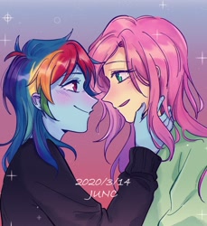 Size: 1100x1200 | Tagged: safe, artist:laochi777, fluttershy, rainbow dash, equestria girls, g4, blushing, clothes, eye contact, female, lesbian, looking at each other, ship:flutterdash, shipping, shirt, touching face
