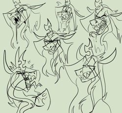 Size: 2018x1864 | Tagged: safe, artist:rockin_candies, queen chrysalis, changeling, changeling queen, pony, g4, angry, drool, fangs, female, laughing, monochrome, sharp teeth, sketch, sketch dump, solo, teeth, worried