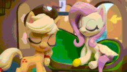 Size: 800x450 | Tagged: safe, edit, edited screencap, screencap, applejack, fluttershy, earth pony, pegasus, pony, fluttershy's hiccups, g4.5, my little pony: stop motion short, abuse, animated, applejack's hat, bird feeder, boo, cage, chair, combustible lemon, cowboy hat, dying for pie, explosion, female, flutterbuse, fluttershy's cottage (interior), food, fruit, gritted teeth, hat, lemon, looking around, mushroom cloud, plotting, scare, scared, skibidi bop mm dada, smiling, sneaky, spongebob squarepants, stairs, window, wings