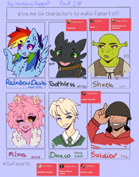 Size: 1971x2500 | Tagged: safe, artist:tay-niko-yanuciq, rainbow dash, dragon, human, ogre, pegasus, pony, g4, :d, :o, :p, bust, chest fluff, clothes, crossover, draco malfoy, ear fluff, female, harry potter (series), helmet, how to train your dragon, male, mare, mina ashido, my hero academia, necktie, one eye closed, open mouth, raised hoof, shrek, shrek (character), six fanarts, soldier, soldier (tf2), team fortress 2, tongue out, toothless the dragon, underhoof, wink