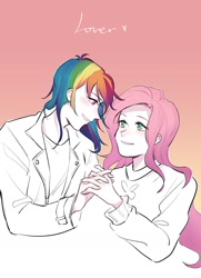 Size: 1045x1446 | Tagged: safe, artist:laochi777, fluttershy, rainbow dash, human, g4, clothes, female, holding hands, humanized, jacket, lesbian, looking at each other, ship:flutterdash, shipping, shirt, sweater, text