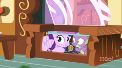 Size: 1280x720 | Tagged: safe, screencap, spike, starlight glimmer, dragon, cakes for the memories, g4, my little pony: friendship is forever, 9go, australia, cupboard, cute, duo, glimmerbetes, looking at you, smiling, winged spike, wings
