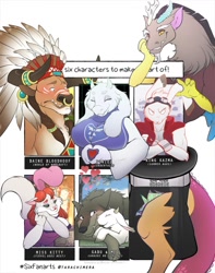 Size: 1011x1280 | Tagged: safe, artist:kymehra, discord, bison, cat, draconequus, goat, rabbit, wolf, anthro, g4, an american tail, an american tail: fievel goes west, animal, arashi no yoru ni, bust, clothes, crossed arms, crossover, feather, goggles, heart, heart hands, horn, king kazma, male, nose piercing, nose ring, piercing, six fanarts, sophia kitty, summer wars, toriel, undertale, warcraft, world of warcraft