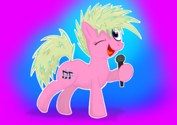 Size: 3508x2480 | Tagged: safe, artist:eels, oc, oc only, oc:vigorous melody, pony, female, high res, mare, microphone, one eye closed, smiling at you, solo, wink
