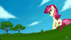 Size: 1920x1080 | Tagged: safe, artist:truffle shine, roseluck, earth pony, pony, g4, chest fluff, cloud, cute, female, mare, rosabetes, sitting, sky, solo, tree
