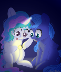Size: 2480x2962 | Tagged: safe, artist:angelinarichter, princess celestia, princess luna, alicorn, pony, g4, cewestia, chest fluff, cute, duo, female, filly, glowing horn, high res, horn, looking at something, magic, open mouth, royal sisters, siblings, sisters, sitting, sun, tongue out, woona, younger