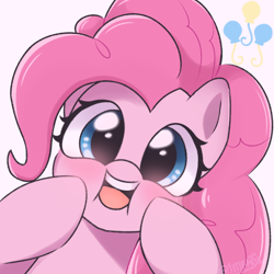 Size: 768x768 | Tagged: safe, artist:1miraishu, pinkie pie, pony, g4, blushing, bust, cheek squish, cute, cutie mark, diapinkes, female, looking at you, mare, open mouth, portrait, simple background, smiling, solo, squishy cheeks, white background