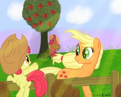 Size: 1280x1024 | Tagged: safe, artist:thomasriordan, apple bloom, applejack, big macintosh, earth pony, pony, g4, apple, apple tree, butt, female, fence, filly, food, male, mare, plot, siblings, stallion, tree