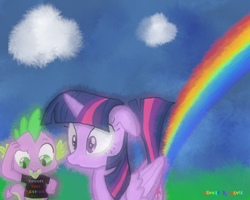 Size: 720x576 | Tagged: safe, artist:thomasriordan, spike, twilight sparkle, alicorn, dragon, pony, g4, clothes, fart, female, male, mare, rainbow, rainbow fart, raised tail, shirt, surprised, tail, twilight sparkle (alicorn), wide eyes