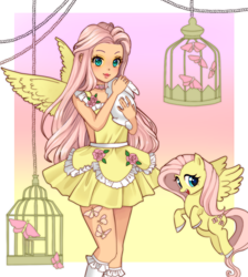Size: 790x880 | Tagged: safe, artist:meloncandies, fluttershy, butterfly, human, pegasus, pony, rabbit, g4, alternative cutie mark placement, animal, backless, bird cage, choker, chokershy, clothes, colored hooves, colored pupils, cute, dress, female, human ponidox, humanized, looking at you, mare, self ponidox, shyabetes, socks, winged humanization, wings