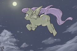 Size: 1800x1200 | Tagged: safe, artist:yanamosuda, fluttershy, pegasus, pony, g4, blushing, female, flying, full moon, looking away, mare, moon, night, sky, smiling, solo, spread wings, stars, three quarter view, underhoof, wings