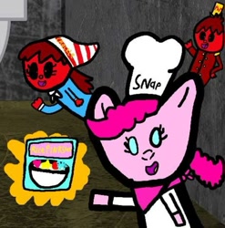 Size: 845x855 | Tagged: safe, artist:pagiepoppie12345, pinkie pie, earth pony, human, pony, g4, 1000 hours in ms paint, advertisement, cereal, cereal box, chef, chef's hat, chibi, crossover, cute, diapinkes, elf hat, food, hat, marching band uniform, parody, rice krispies, rice pinksies, smiling, snap crackle and pop, zalgo, zalgo pagie, zalgobetes, zalgressa, zalgressa pagie, zalgressabetes