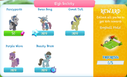 Size: 1468x900 | Tagged: safe, gameloft, beauty brass, comet tail, fancypants, purple wave, swan song, earth pony, pony, unicorn, equestria girls, g4, football, gem, high society, hoofball, mirror, sports, xp