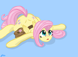 Size: 2338x1700 | Tagged: safe, artist:lennondash, fluttershy, pegasus, pony, g4, putting your hoof down, bag, blue background, blushing, both cutie marks, cute, dimples of venus, doormat, female, fluttershy day, folded wings, looking up, lying down, mare, open mouth, prone, saddle bag, scene interpretation, shyabetes, simple background, solo, sprawl, spread hooves, spread legs, spreading, three quarter view, wings