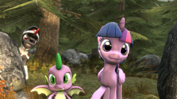 Size: 1920x1080 | Tagged: safe, artist:thephotographyguy, king sombra, spike, twilight sparkle, alicorn, dragon, pony, g4, 3d, forest, source filmmaker, tree, twilight sparkle (alicorn), winged spike, wings