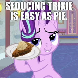 Size: 860x860 | Tagged: safe, artist:burgeroise, edit, edited edit, edited screencap, editor:useraccount, screencap, starlight glimmer, trixie, pony, unicorn, a horse shoe-in, g4, season 9, bedroom eyes, cropped, easy as pie, female, food, implied lesbian, implied shipping, implied startrix, lesbian, lidded eyes, photo, pie, plate, seduction, ship:startrix, shipping