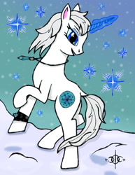 Size: 1161x1506 | Tagged: safe, artist:assertiveshypony, oc, oc only, oc:snowmoon, pony, unicorn, bracelet, digital art, gift art, jewelry, magic, necklace, smiling, snow, snowfall