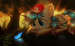 Size: 2712x1696 | Tagged: safe, artist:klooda, oc, oc only, oc:sports news, butterfly, pegasus, pony, commission, crepuscular rays, detailed, detailed background, forest, grass, lying, male, realistic, smiling, solo, stallion, sunrise, ych result