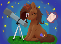 Size: 3681x2665 | Tagged: safe, artist:green bird, oc, oc only, oc:cygny, pony, unicorn, astronomy, blue background, brown coat, brown mane, brown pony, cute, equation, eyelashes, female, grass, gravity equation, high res, night, night sky, notepad, notes, one eye closed, science, simple background, sitting, sky, solo, starry night, study, studying, telescope, tongue out