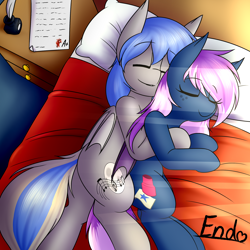 Size: 2000x2000 | Tagged: safe, artist:rice, oc, oc only, oc:moonslurps, oc:star stamper, bat pony, comic:forbidden desire 2, comic:forbidden desire series, bat pony oc, bat wings, bed, cuddling, duo, eyes closed, from behind, high res, hug, ink, nightstand, quill, single panel, smiling, sun beam, test, wings