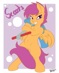 Size: 785x960 | Tagged: safe, artist:knifeh, scootaloo, pegasus, pony, g4, bipedal, chest fluff, ear fluff, female, filly, hoof hold, leg fluff, looking at you, scooter, shoulder fluff, smiling, solo, wings