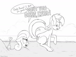 Size: 1280x960 | Tagged: safe, artist:manual-monaro, bon bon, lyra heartstrings, sweetie drops, earth pony, pony, unicorn, g4, beach, bon bon is not amused, buried in sand, female, implied farting, mare, monochrome, raised tail, tail, unamused