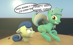 Size: 1024x629 | Tagged: safe, artist:jeijei, bon bon, lyra heartstrings, sweetie drops, earth pony, pony, unicorn, g4, 3d, beach, bon bon is not amused, buried in sand, female, implied farting, l.u.l.s., mare, raised tail, sand, shit eating grin, shovel, source filmmaker, tail, unamused