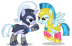 Size: 5500x3500 | Tagged: safe, guardian angel (g4), silver sable, pegasus, pony, unicorn, g4, clothes, female, guardsmare, mare, royal guard, simple background, socks, transparent background