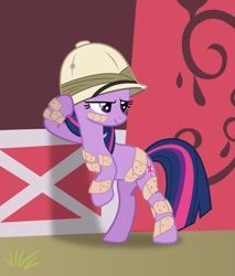 Size: 1875x2199 | Tagged: safe, artist:frownfactory, twilight sparkle, pony, unicorn, feeling pinkie keen, g4, .svg available, bandaid, bee sting, determined, female, grin, hat, mare, pith helmet, simple background, smiling, solo, standing up, svg, unicorn twilight, vector